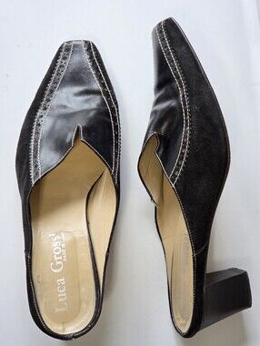 Luca Grossi Italian Handmade Leather Suede Mule Block Heel Black Sz 41 EU 10
